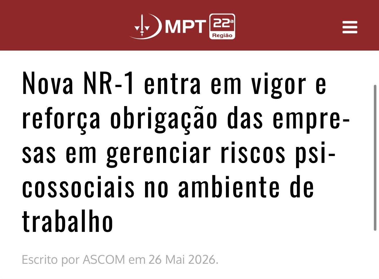 Recorte da publicação de MPT: Nova NR-1 reforça a gestão de riscos psicossociais