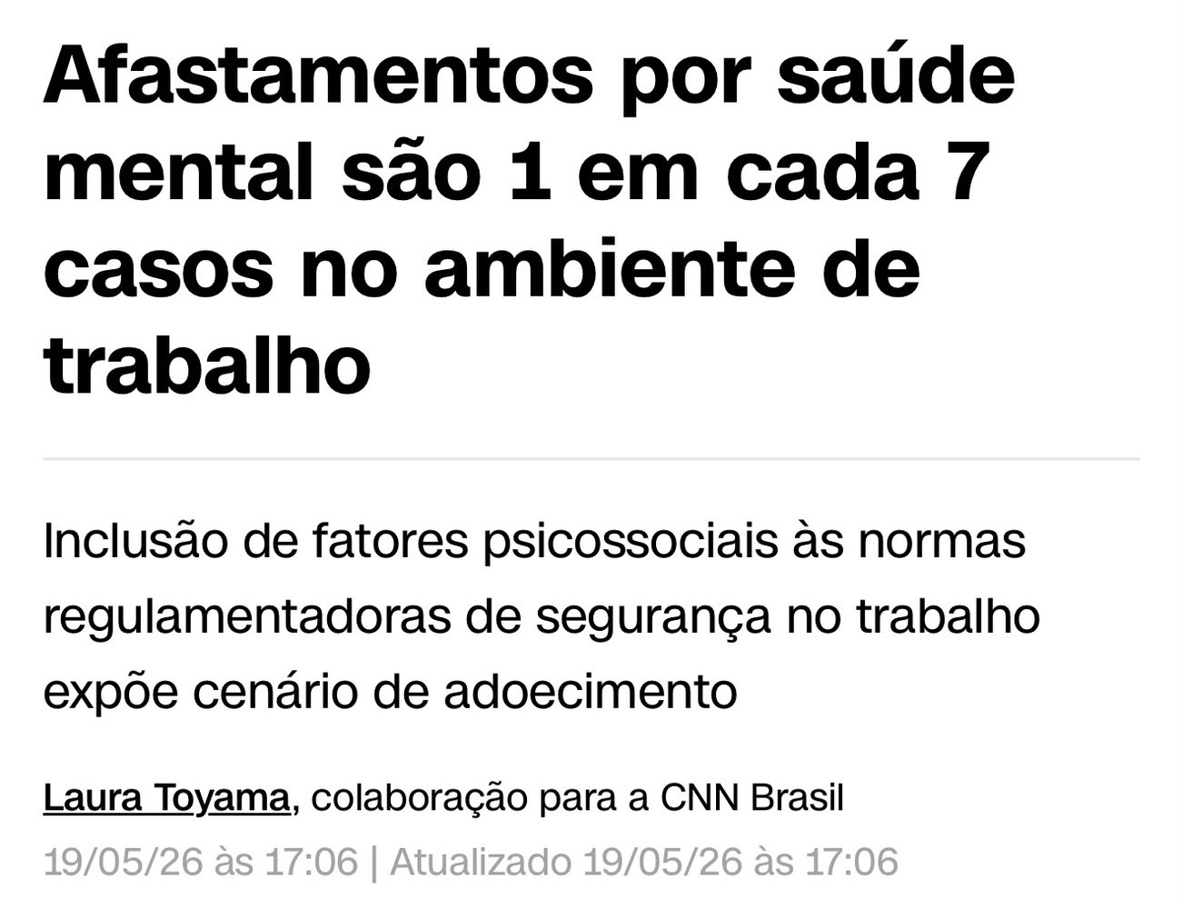 Recorte da publicação de CNN Brasil: Afastamentos por saúde mental